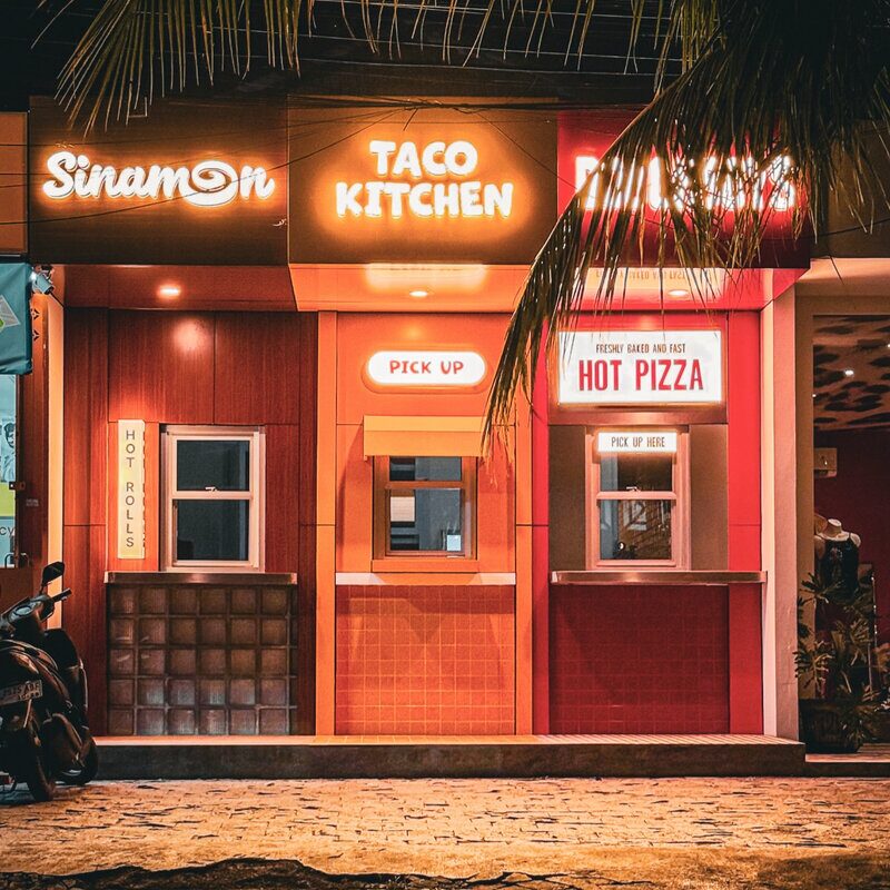 Doughboys restaurant exterior at night in Bali